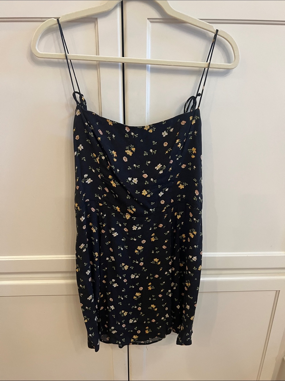 Reformation Navy Mini Slip Dress with Yellow & White Floral Print